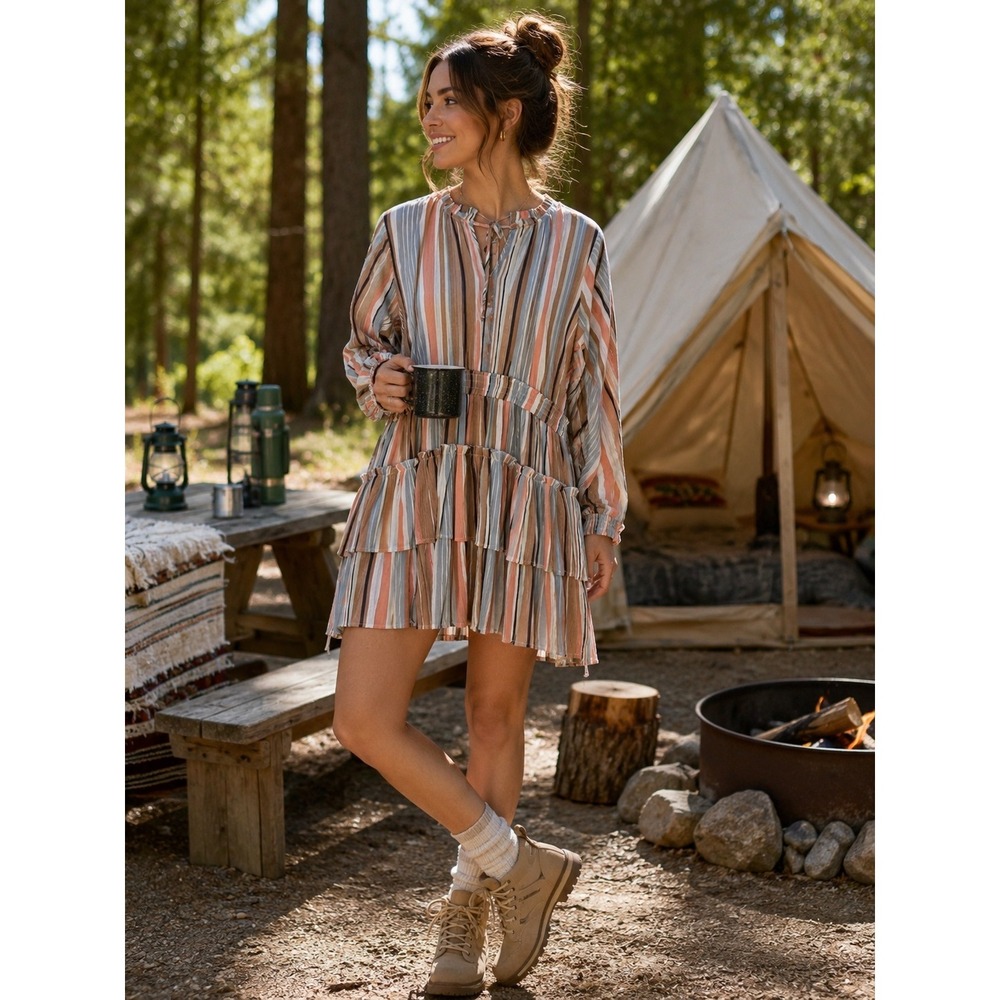 Moon Orchid Striped Tiered Mini Dress XL Terracotta Tan Smocked Boho Gauze